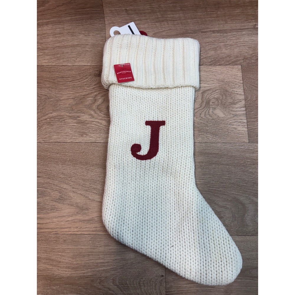 Wondershop Cream Knit Christmas Stocking Monogram Letter J Burgundy Red New